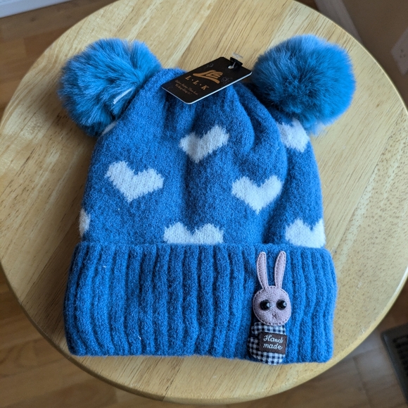 L.L.K Jids Girls Beanie Pom Pom Blue with Hearts White 100% Acrylic Winter - Picture 1 of 6